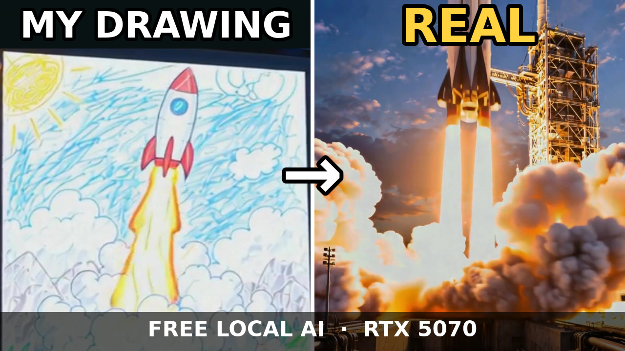 A crayon rocket drawing next to a photo-real rocket launch generated from it