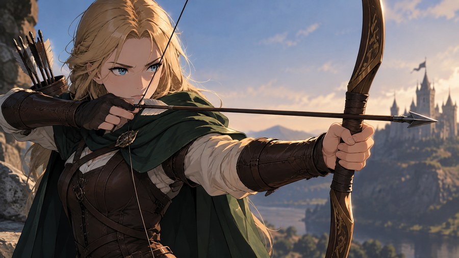 Archer drawing her bow, aiming