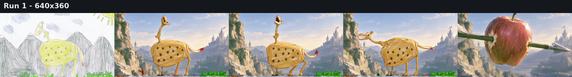Run 1: drawn creature placed into the castle landscape, then the apple appears