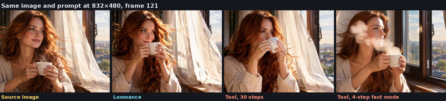 Frame 121 compared to the source: Loomance and the 30-step tool keep the curtain and the window; the 4-step fast mode loses the curtain, moves the camera and puts a cloud of steam over the face